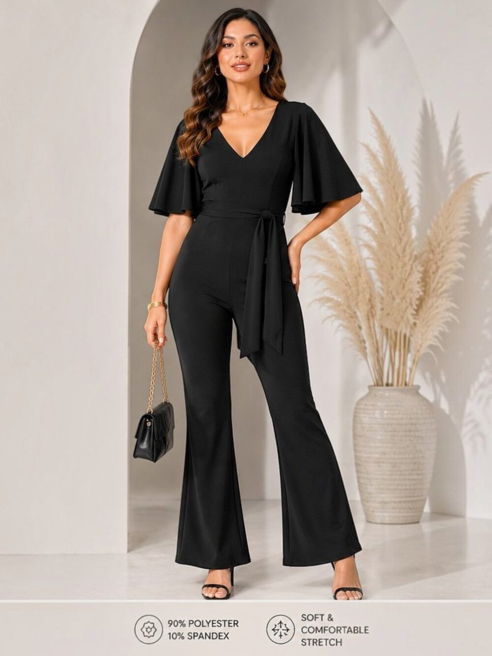 Women's Butterfly Sleeve Jumpsuit Flattering V Neck Optional Tie Waist Flare Leg